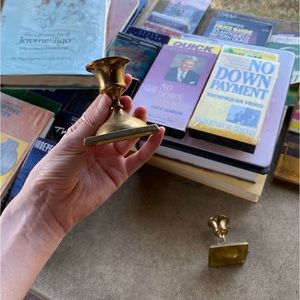 Short Pair of Mid-Century Modern Vintage Brass Candleholders